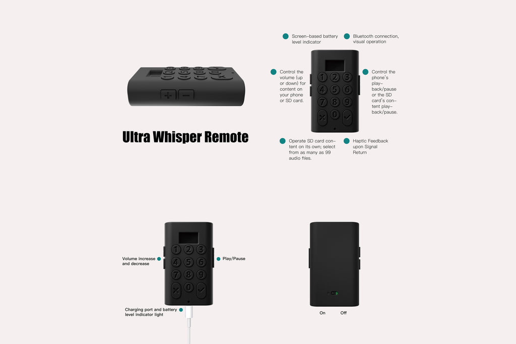 Ultra Whisper remote control shown from the front, side and rear