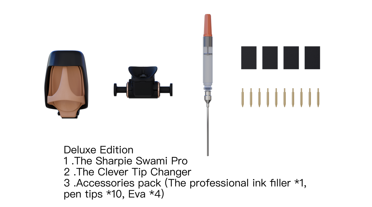 Sharpie Swami Pro Deluxe Edition contents with tip changer and accessories